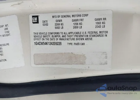 2002 Buick Park Avenue from USA, damaged, VIN 1G4CW54K124209226